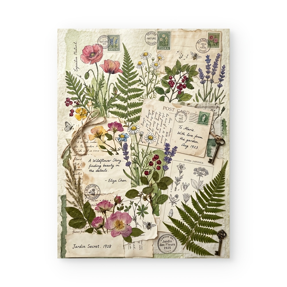 TEMU Affiche et impression 2D plate, cadre, collage vintage sur toile, art mural, timbre de vintage, fleur séchée, fougère, , , abeille, papillon,