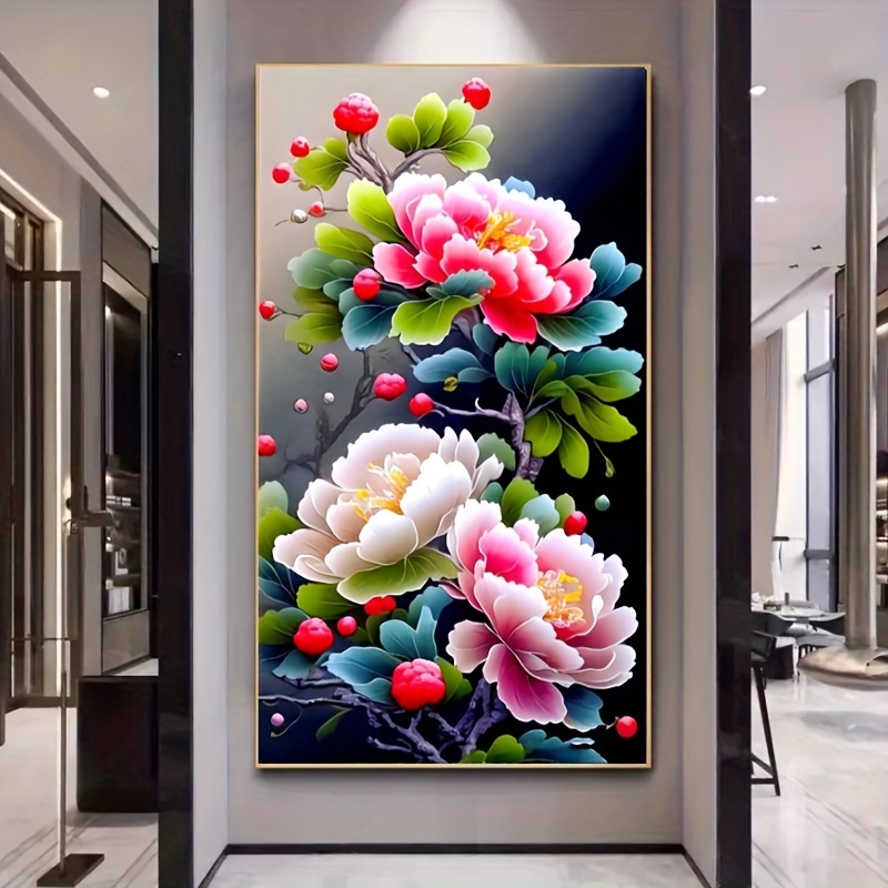 

50x110cm Diamond Painting Kit: Elegant Peony Flowers In 3d, Suitable For Bedroom, Living Room, Study, And Entryway Decor - Diy Artwork With Natural Stone Diamonds