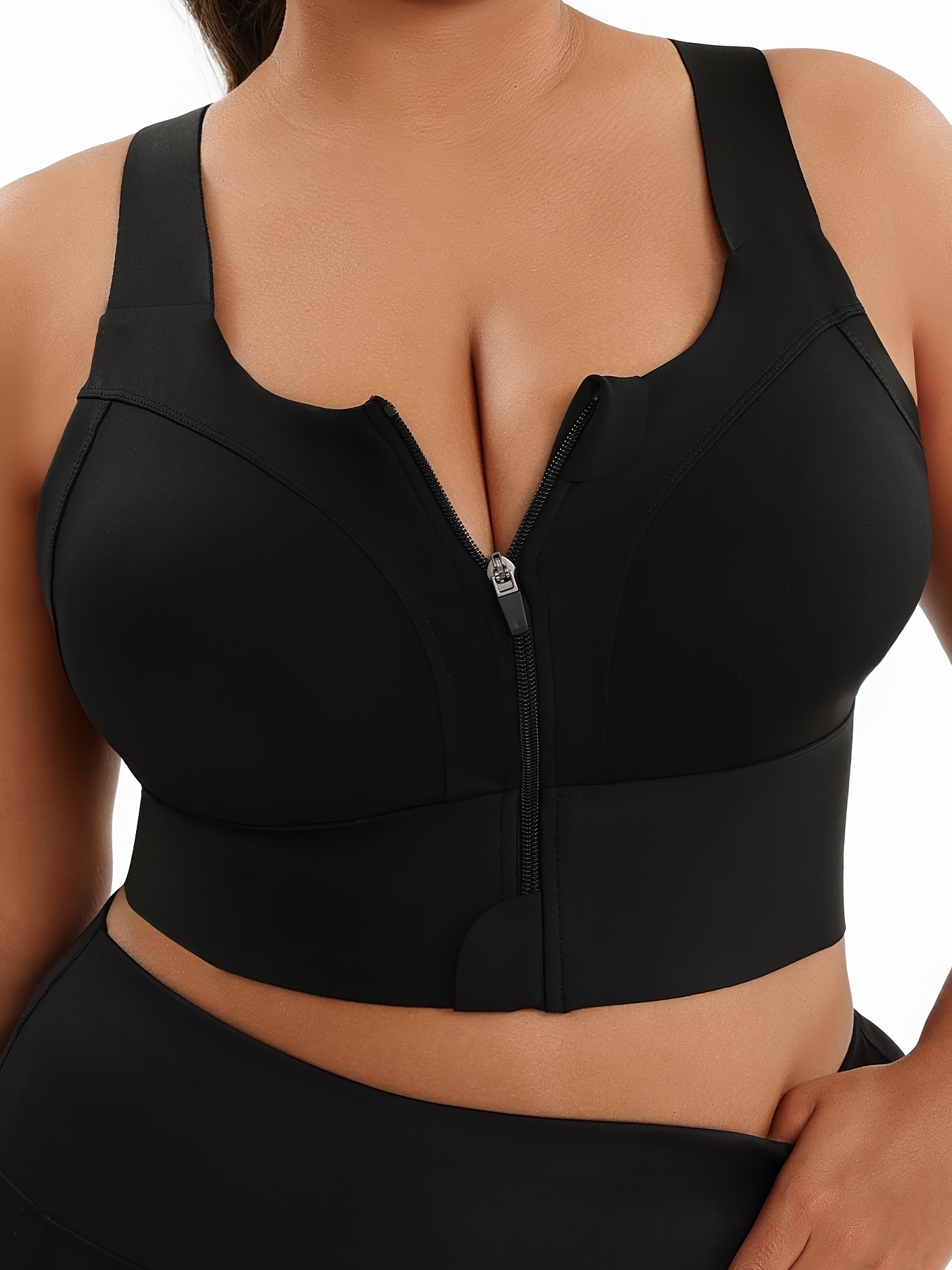 womens plus size full bust   sports bra full coverage full bust with back zipper closure adjustable strap full length zipper front back yoga running gym workout bra for large busts solid black non padded high stretch fabric ergonomic fit hand washable full stability for larger busts suitable for workouts light exercise solid   plus size sport bras for women bras for women plus size underwire sports bras for women high black 0