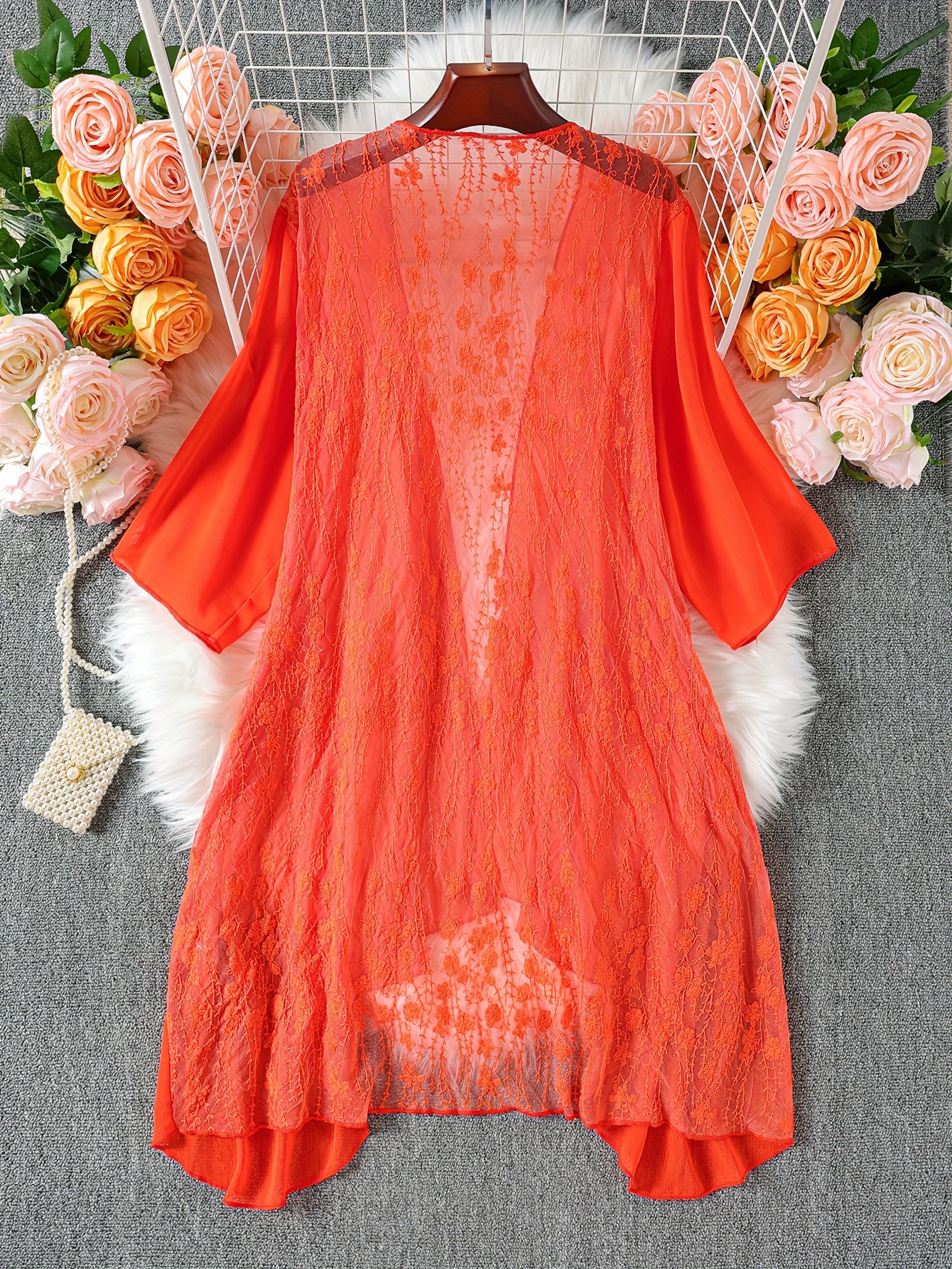 Elegant Plus-Size Coral Chiffon Kimono Cardigan with Lace Detailing - Sheer Half-Sleeve Beach Cover-Up, Machine Washable