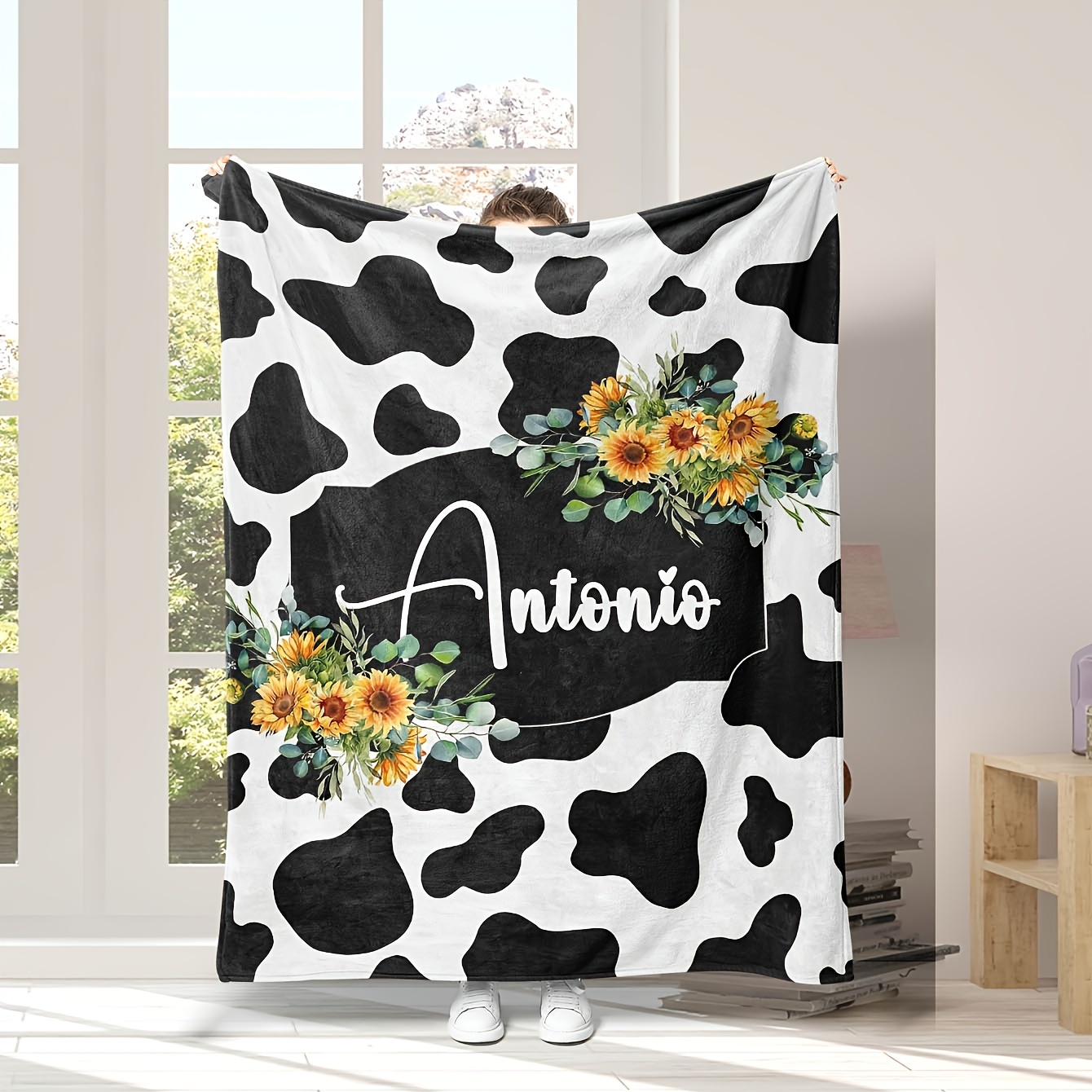 TEMU Custom Cow Print Name Blanket - Soft & Warm Flannel For Couch, Bed, Travel, Camping | Machine Washable | Perfect Gift For & Family