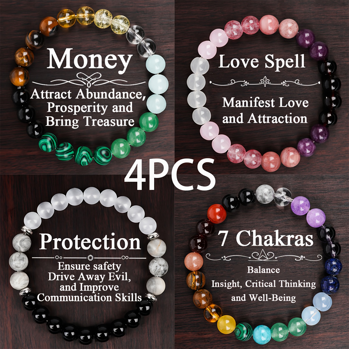 TEMU 4 Bohemian Natural Malachite Fortune Rose Quartz Cute Holy Tiger Eye Protection Deep Vibrant Elegant Fashion Beaded Bangle Bangle Bracelet,
