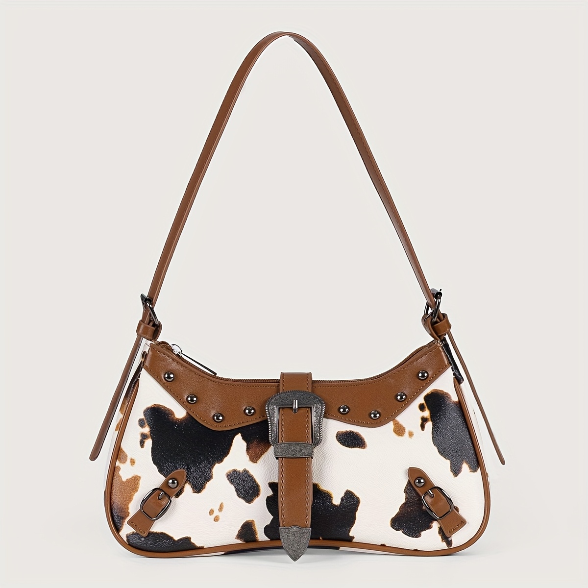 TEMU Women' Cow Print Pvc Hobo Bag With Adjustable Strap & Rivet-accented Vintage Hardware - Shoulder Purse Suitable For, Y2k Style, Daily Use &