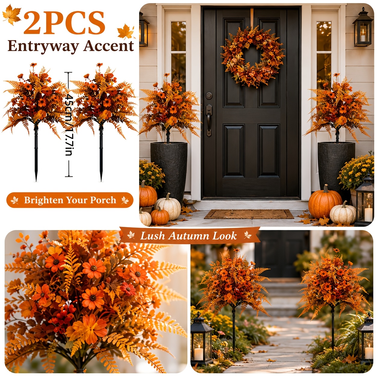 TEMU 2pcs Autumn Orange Artificial Poppies, Uv Resistant Faux Autumn Greenery Bouquet, Non-fading Artificial Flowers, Suitable For Outdoor Porch
