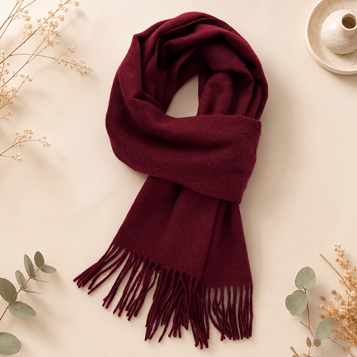 TEMU New European And Solid Color Wool Tassel Scarf For Women, Soft And Warm Long Shawl Scarf For Autumn/winter, Unisex Versatile Outerwear
