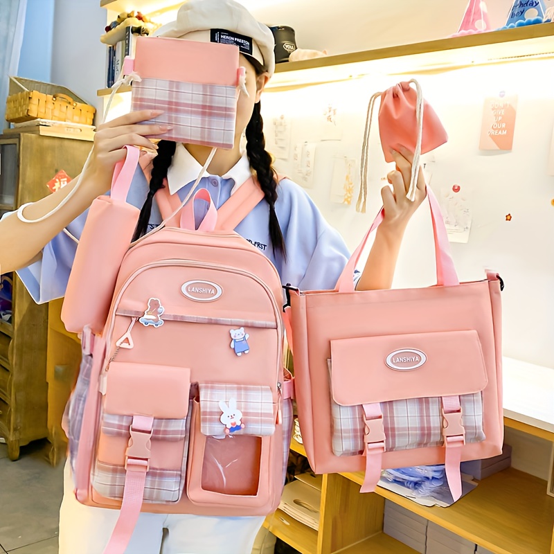 

5pcs Backpack Set, Plaid Pattern Book Bag With & Tote Bag & Crossbody Bag & Pencil Case & Drawstring Purse