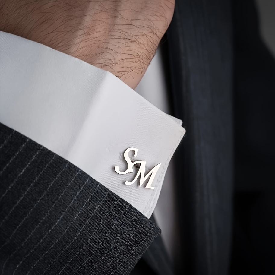 TEMU [customized] Personalized Fashion Trend Stainless Steel Upper And Lower Letter Cufflinks, Men's Suits, Daily Matching Shirts Business Cufflinks