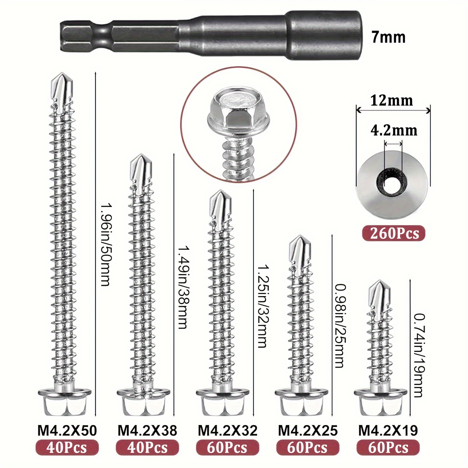 E-shop 260er-Set M4.2 Sechskant-Selbstbohrschrauben mit Gummischellen - Edelstahl 410, Vollständige Gewindeabdeckung für Metall- & Bauvorhaben,