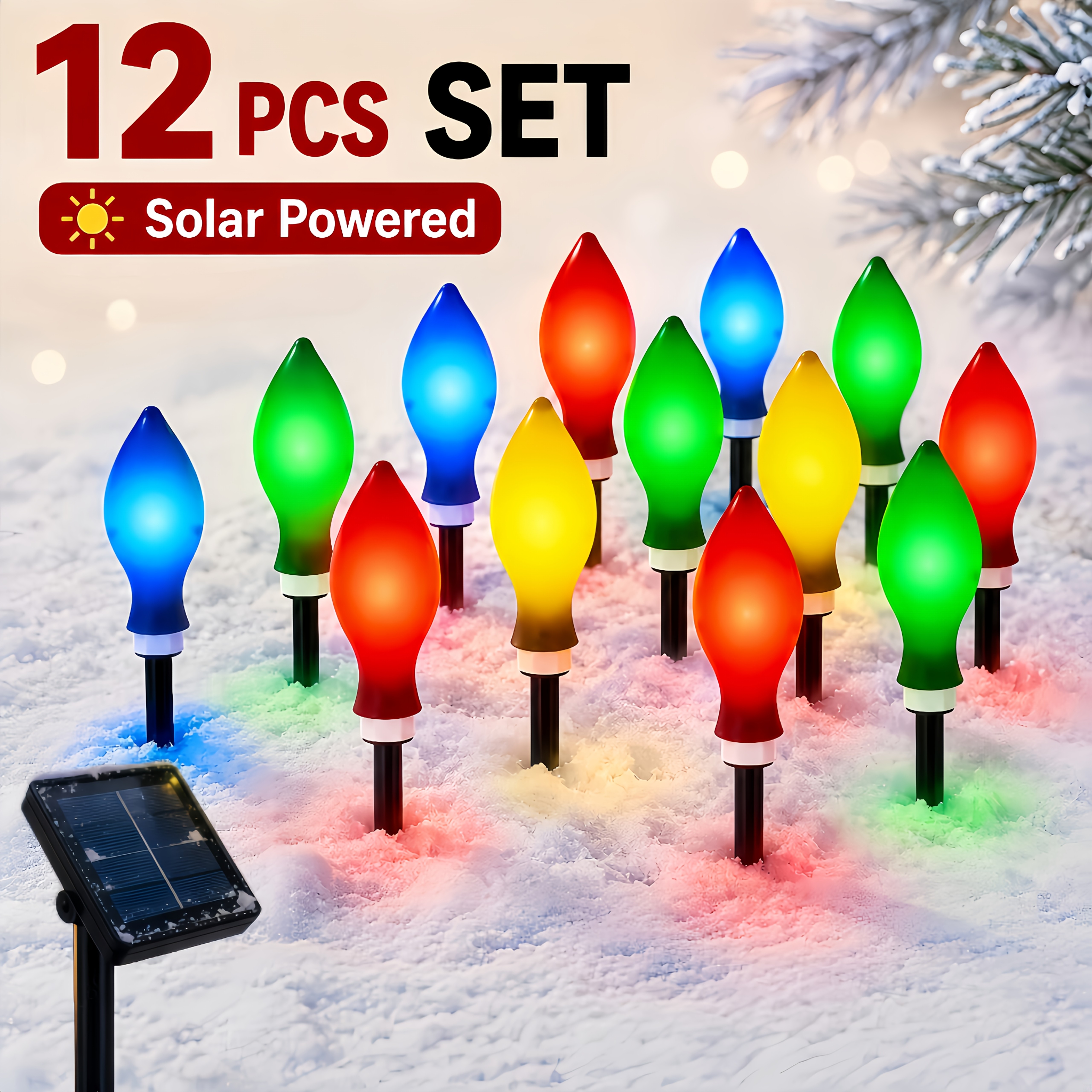 TEMU 12pcs Solar Christmas Lights Outdoor, Flame-shaped Garden Lights Outdoor Christmas Decorations, 24 Led Beads, 8 Lighting String Lights With