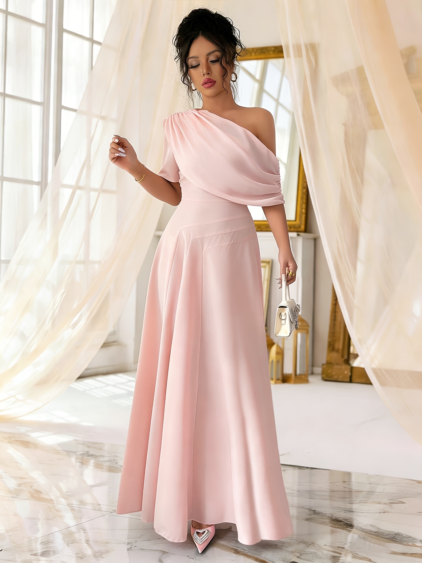 engagement pink dress shoulder waist cinching flared long evening gown gentle Girl Color:Drifted Matte Black Veneer red & white Fluted 9 Drawer Dresser length organza gown