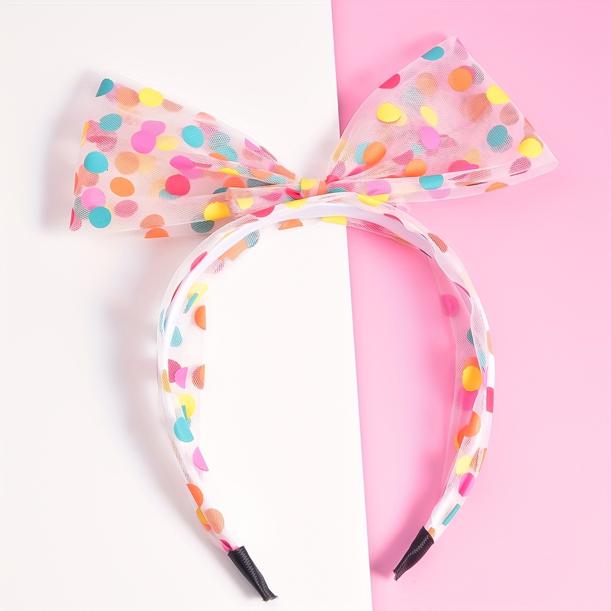 Image of 1pc Colorful Dot Net Mesh Three-dimensional Ears Bow Wide Brim Hairband Sweet Fashionable Cute Cheapest Items Valentine's Day, Daily Dressing Hair Accessories Headwear Supplies