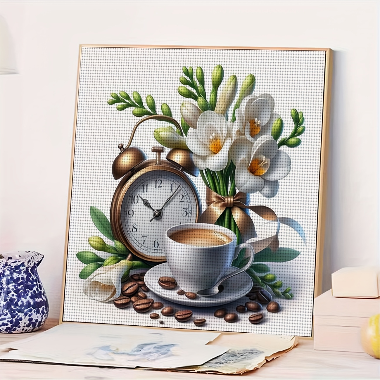 Cross-Stitch Printing Kit Without a Frame, Coffee Flower Clock Design
