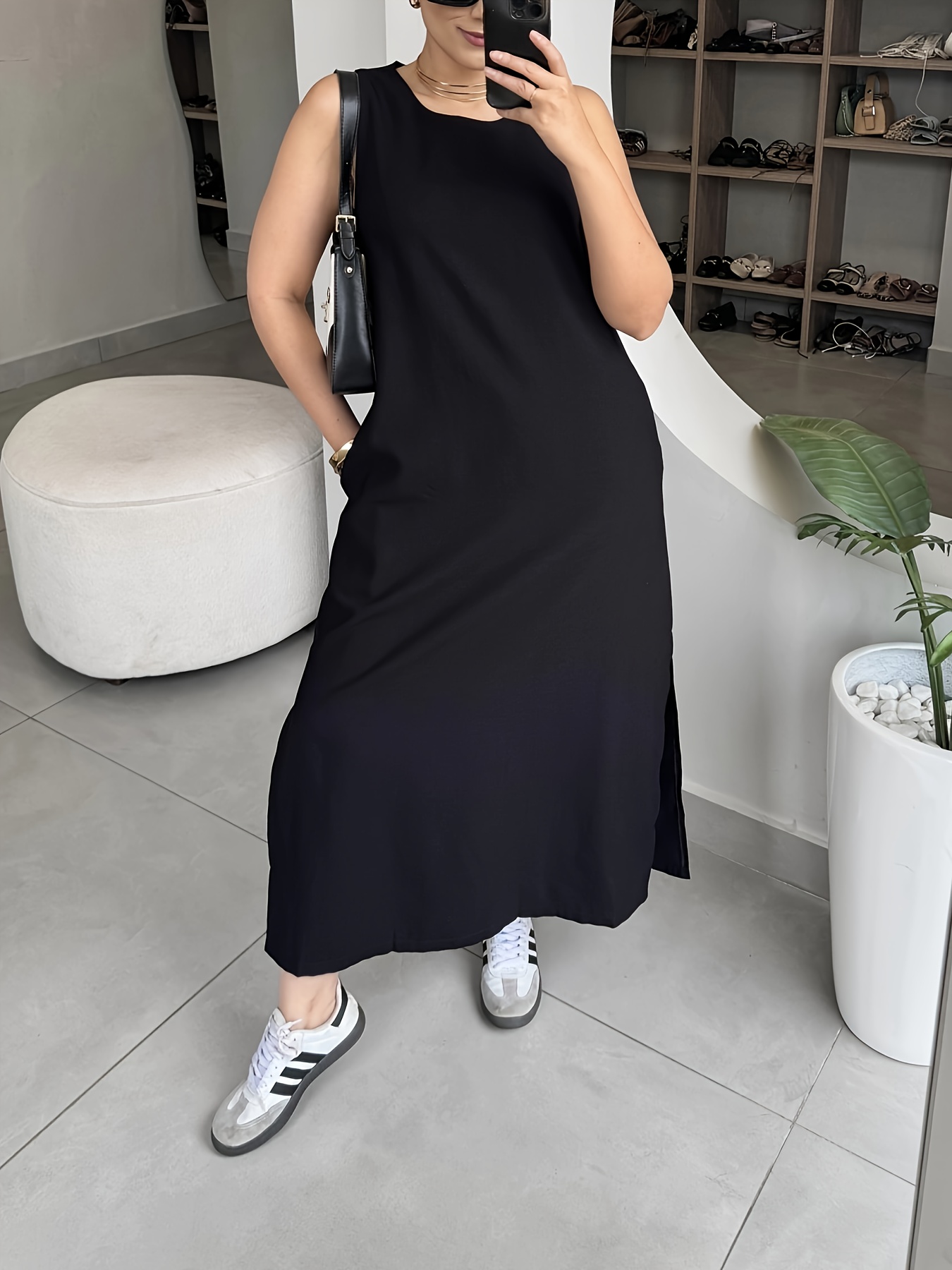 womens sleeveless maxi dress side slit solid black casual - Temu