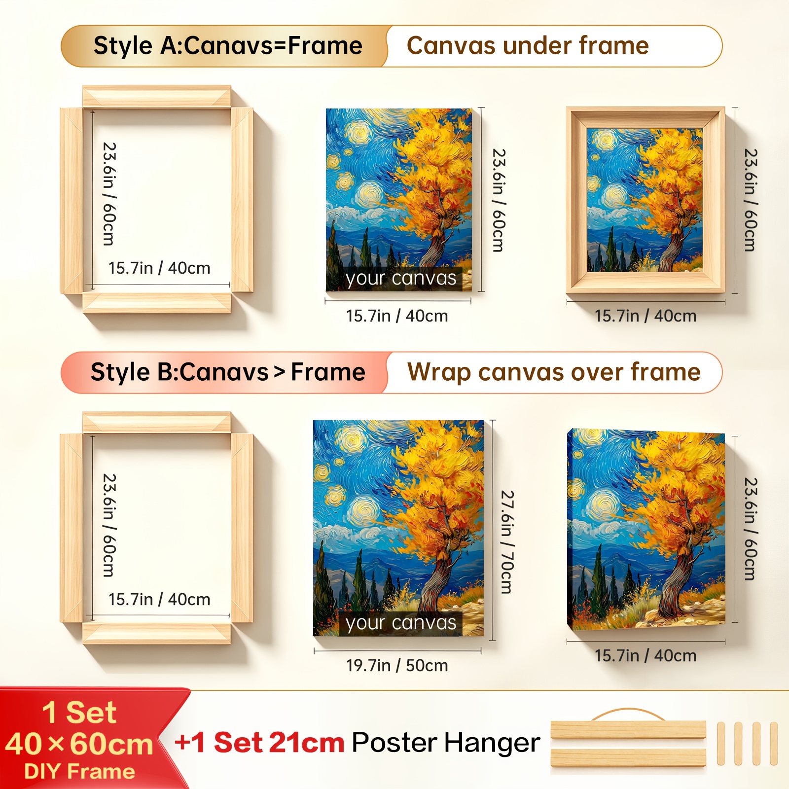 TEMU Ensemble de 2 cadres pour affiches sur toile en bois, comprenant 1 kit de cadre en toile en bois et 1 cintre en bois de 21 cm pour affiche,