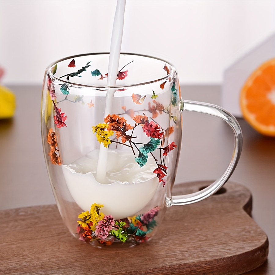 

Dried Flower Double Walled Glass Coffee Mug - 350ml Heat Resistant Espresso Cup For Hot Beverages, Cappuccino, Latte, Tea - Insulated Glass Mug With Handle, No Required