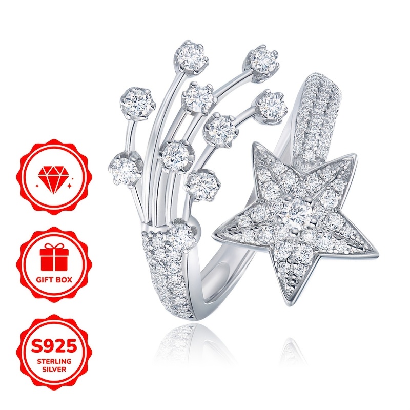 

Elegant Luxury Star And Tassel Cuff Ring For Women, 925 Sterling Silver , Synthetic Cubic Zirconia Embellished, No Plating, September Birthstone, For And Parties