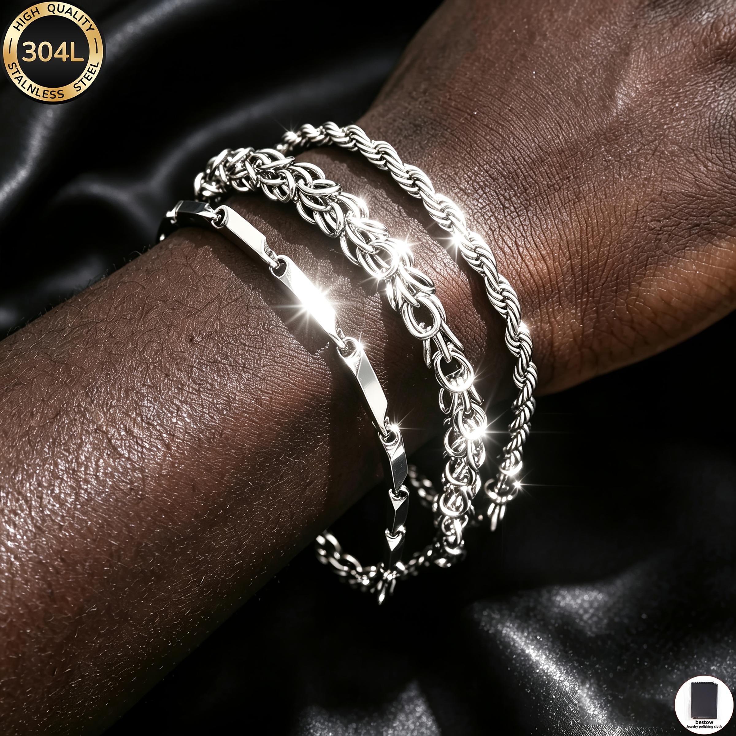 TEMU 3pcs 304l Stainless Steel Bracelet Set [+1 Jewelry Cleaning Cloth] Waterproof And Non-fading, Suitable For Men, Men's Jewelry Set, Fashionable
