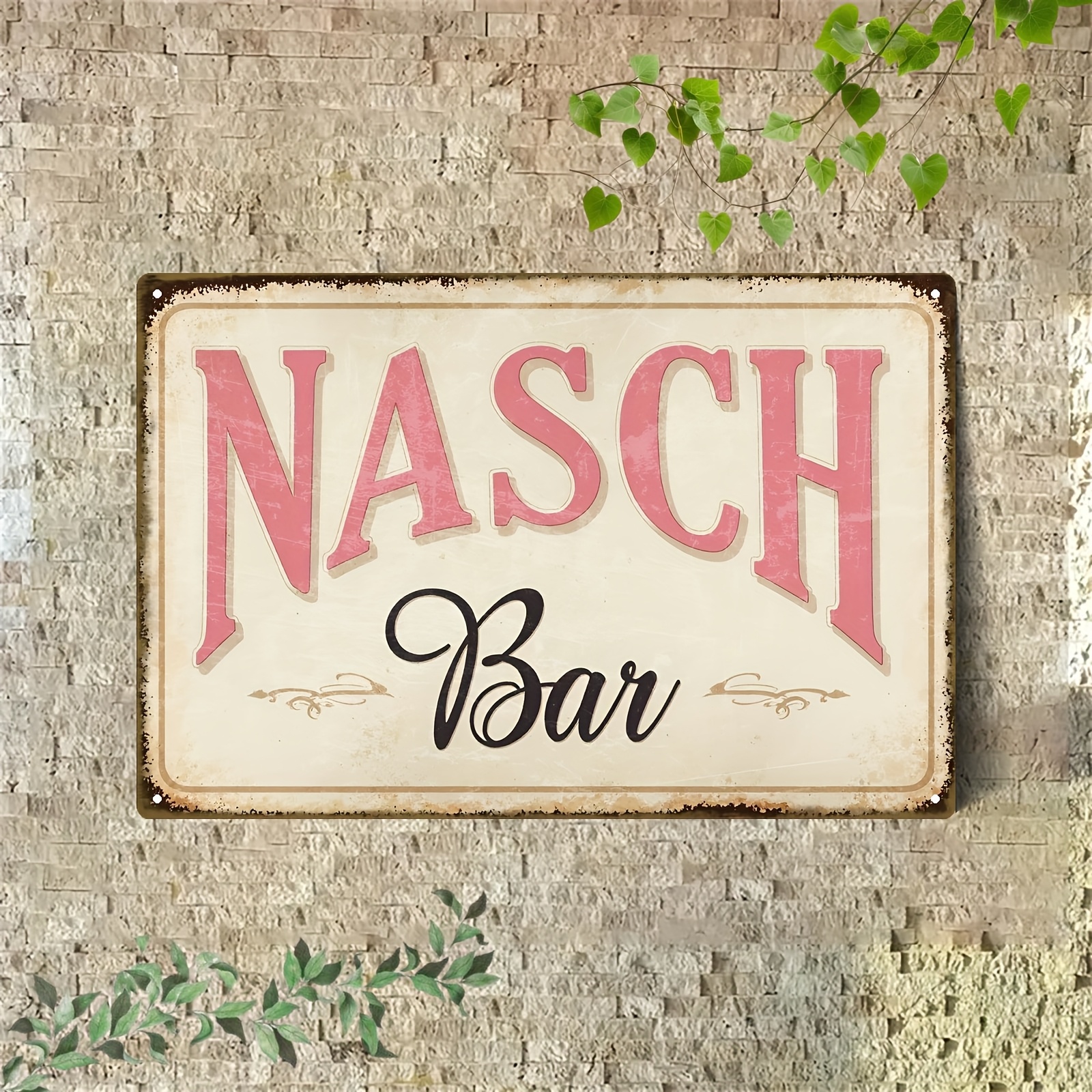 TEMU 2D Flaches, Retro Süßigkeitenladen Holz Dekoschild, Rosa Kursivtext mit ländlicher Ziegelmauer und floralen Verzierungen, Retro Restaurant Stil