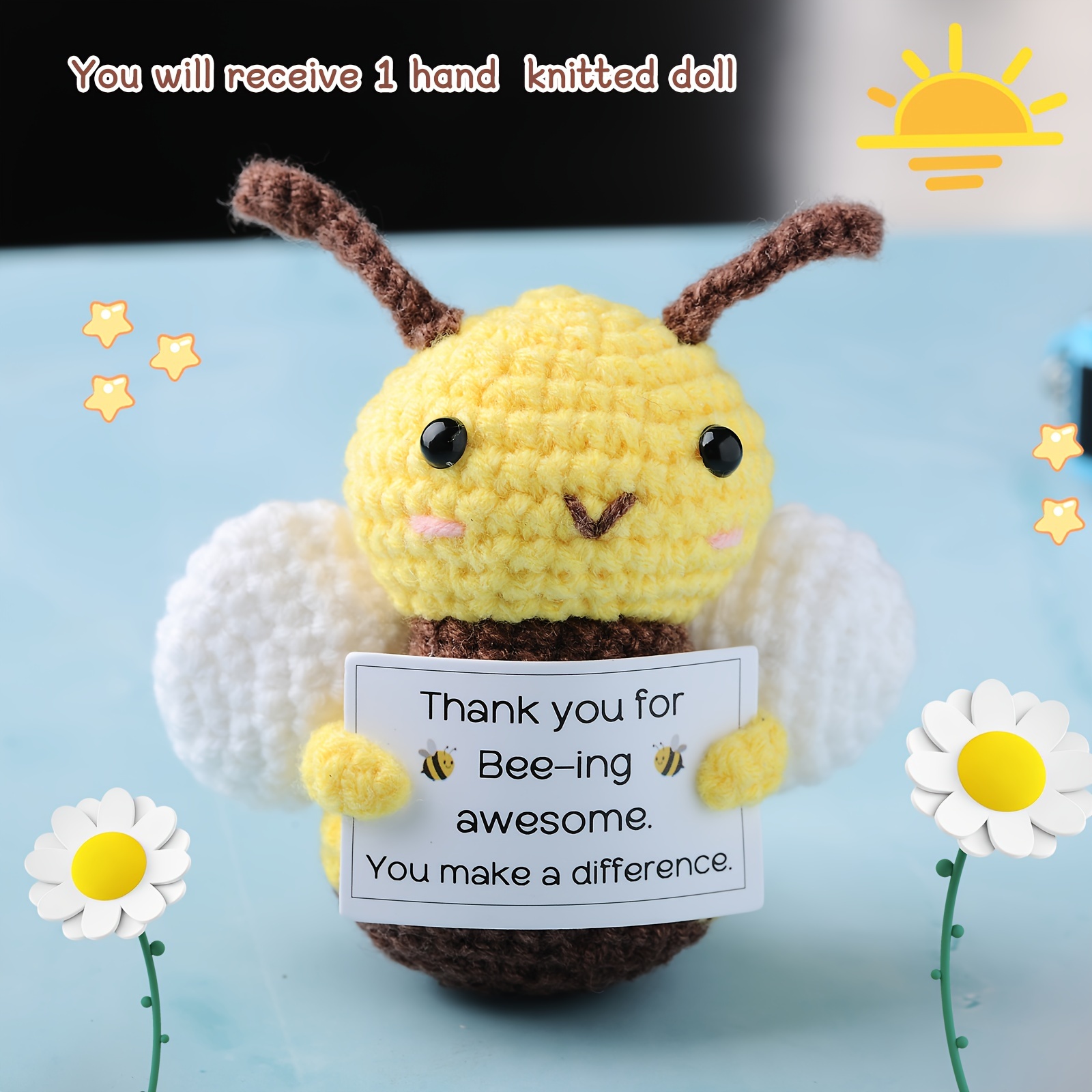 

Hand Knitted Bee Doll With Positive Message Card - Fabric Collectible Party Decor, Applicable For Ages 14+ - No Electricity Required