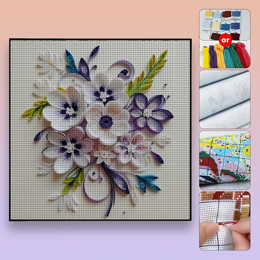 DIY Cross-Stitch Printed Kit, Frameless, Quilling Floral Decoration Pattern