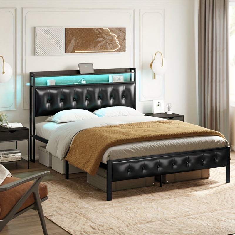 

Bed Frame With Pu Leather Storage Headboard & Footboard Upholstered Platform Bed With Led Lights Usb Ports & Outlets