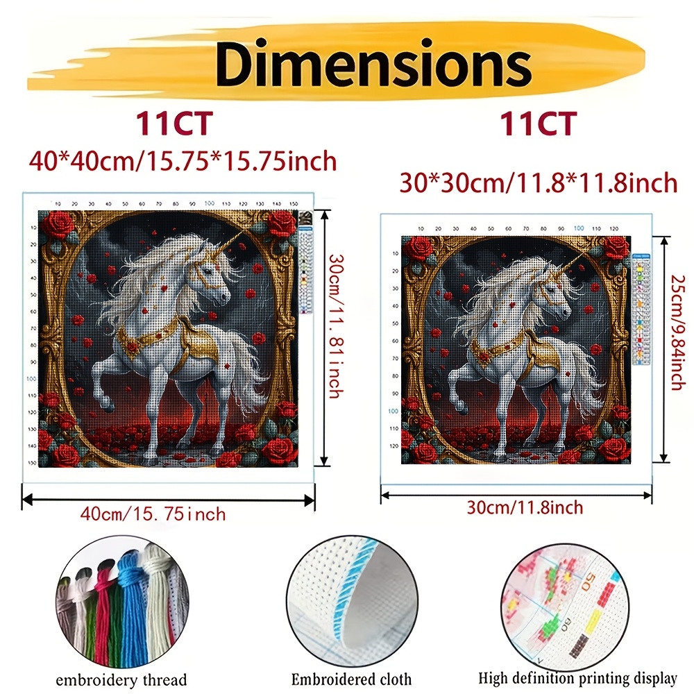 Cross Stitch Printed Kit, Frameless, "Golden Frame Unicorn Rose" Pattern