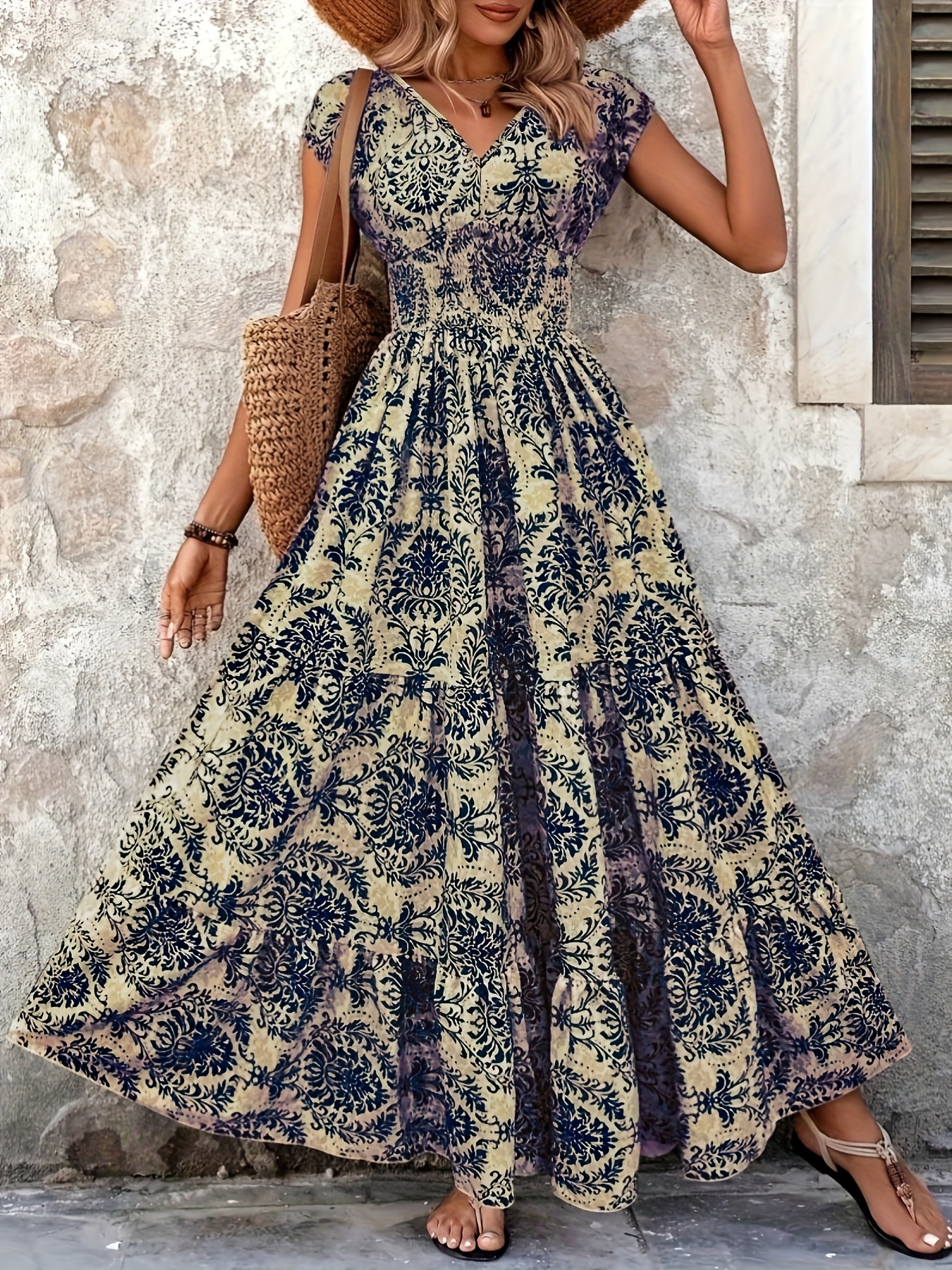 womens bohemian print maxi dress v neck long sleeve a line silhouette casual spring summer dress with floral print beige purple design casual summer dress bohemian style polyester fabric bohemian dress blue 0