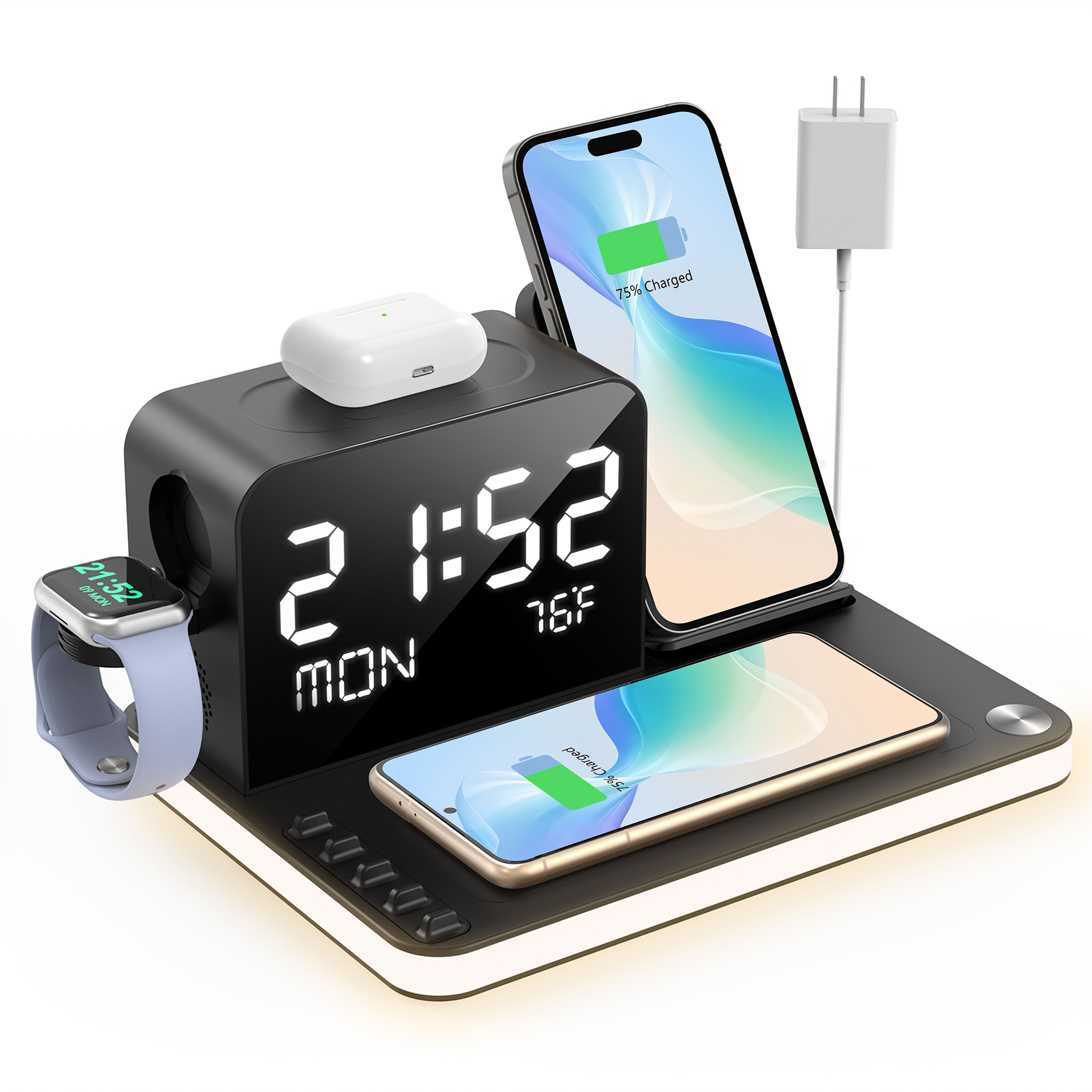 7in 1 dual phone wireless charging station with night light s1 phone holder phone   time week temperature display 30w adapter for iphone   and for iwatch fast charging dock with   wired output Product details 1