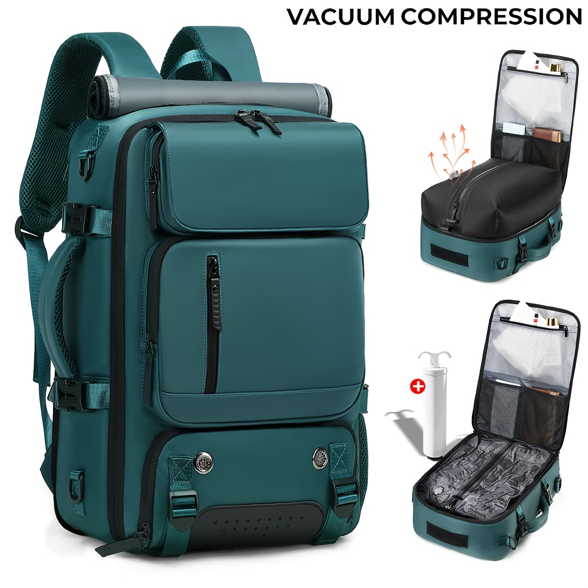 TEMU Nouveau Sac à Dos Homme à Compression sous Vide avec Pompe à Vide, Sacoche pour Ordinateur Portable 16 Pouces Multifonctionnelle Décontractée