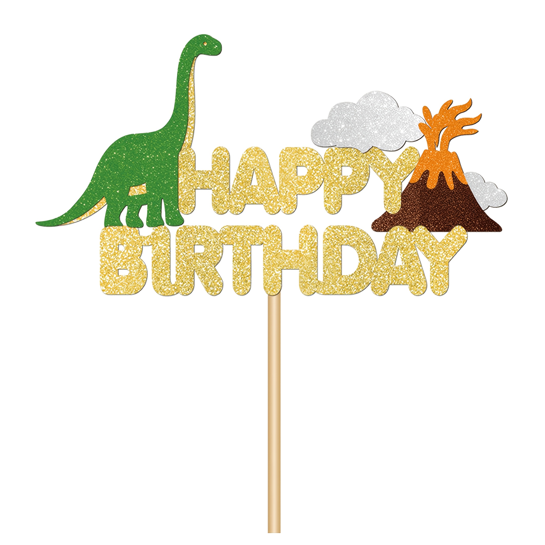 TEMU 1pc Dinosaur Volcano Happy Birthday Cake Top Hat Sparkling Paper Cake Decoration Dinosaur Party Supplies