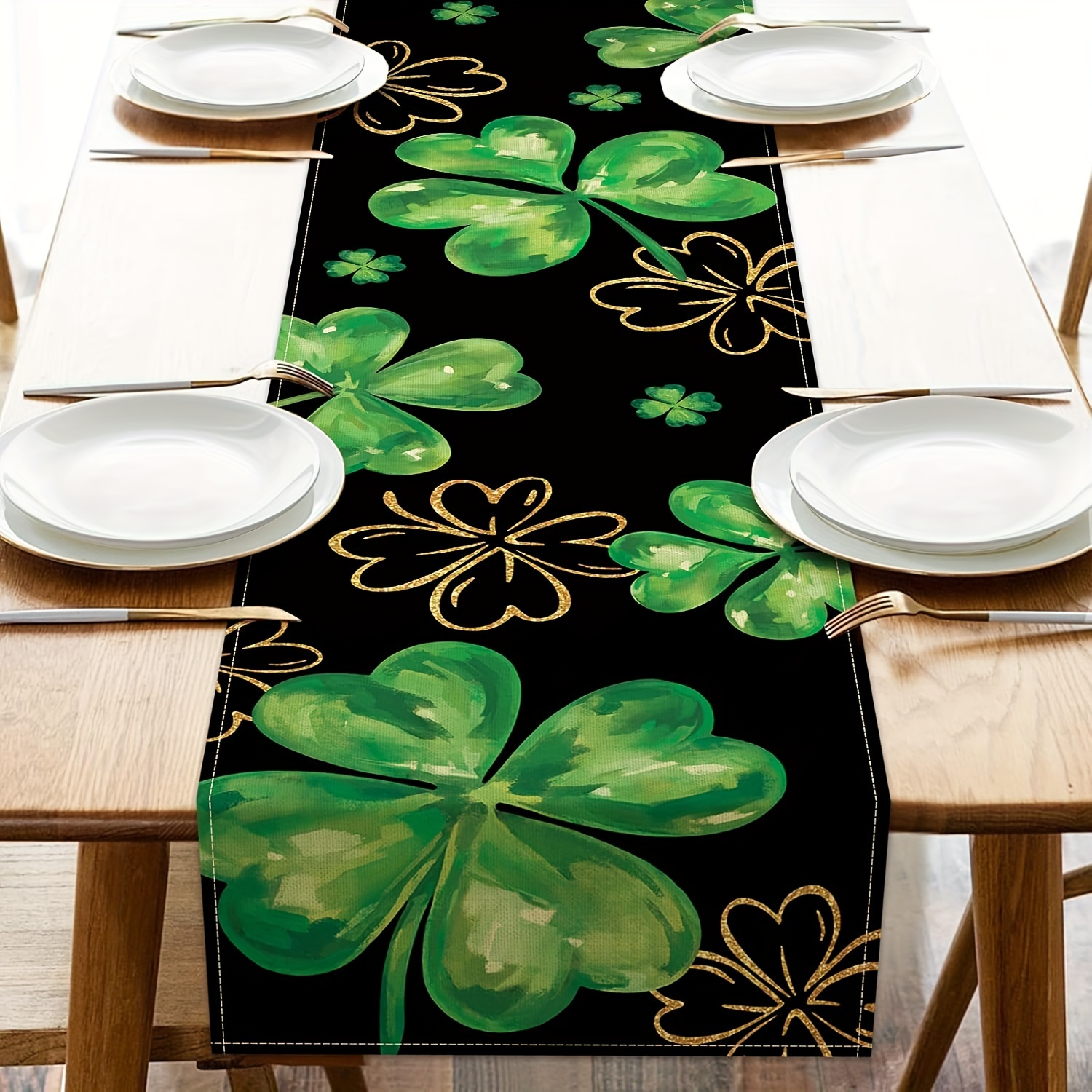 

's Day Golden Shamrock Linen Table Runner - Black, Irish Holiday Dining & Party Decor, Indoor/outdoor Use, Multiple Sizes