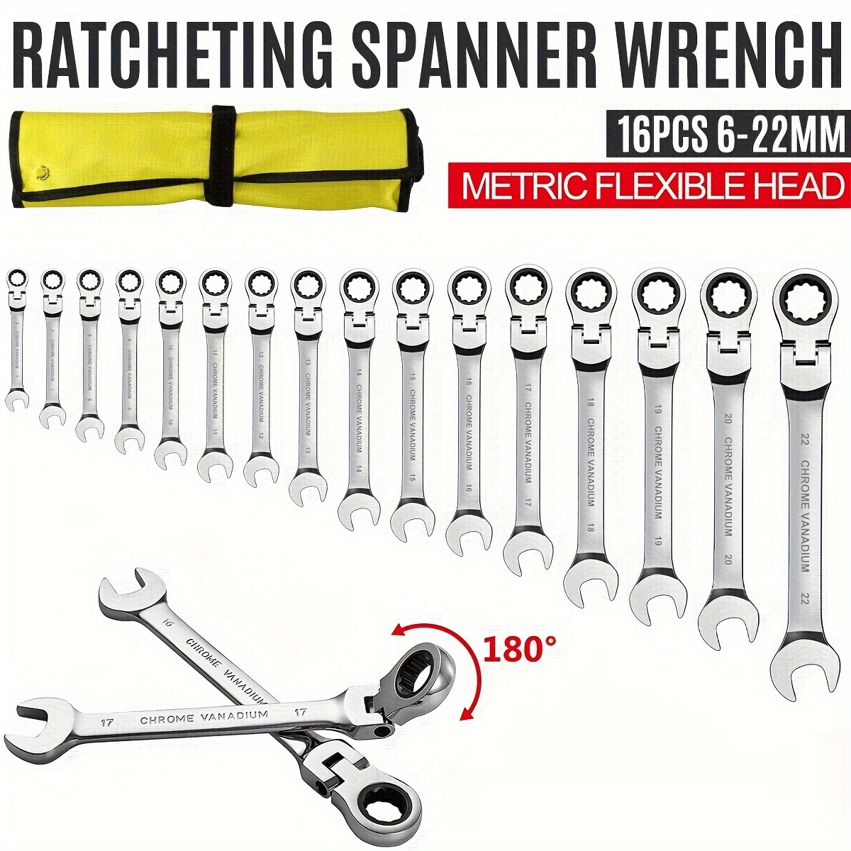 

16pcs Ratchet Spanner Wrench Set 6-22mm Ratcheting Combination Wrench Kit Metric Flexible Head