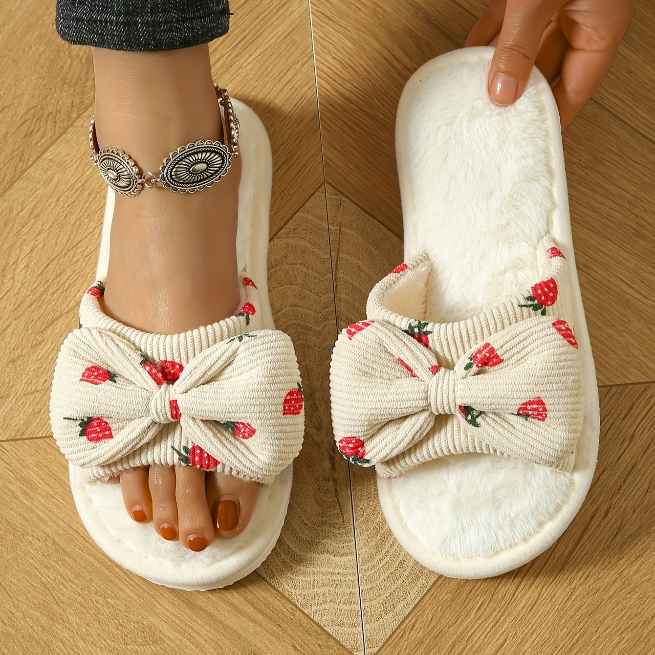 TEMU Cute Strawberry Bowknot Home Slippers, Lightweight Flat Plush Lined Warm Shoes, Non-slip Floor Mute Slippers