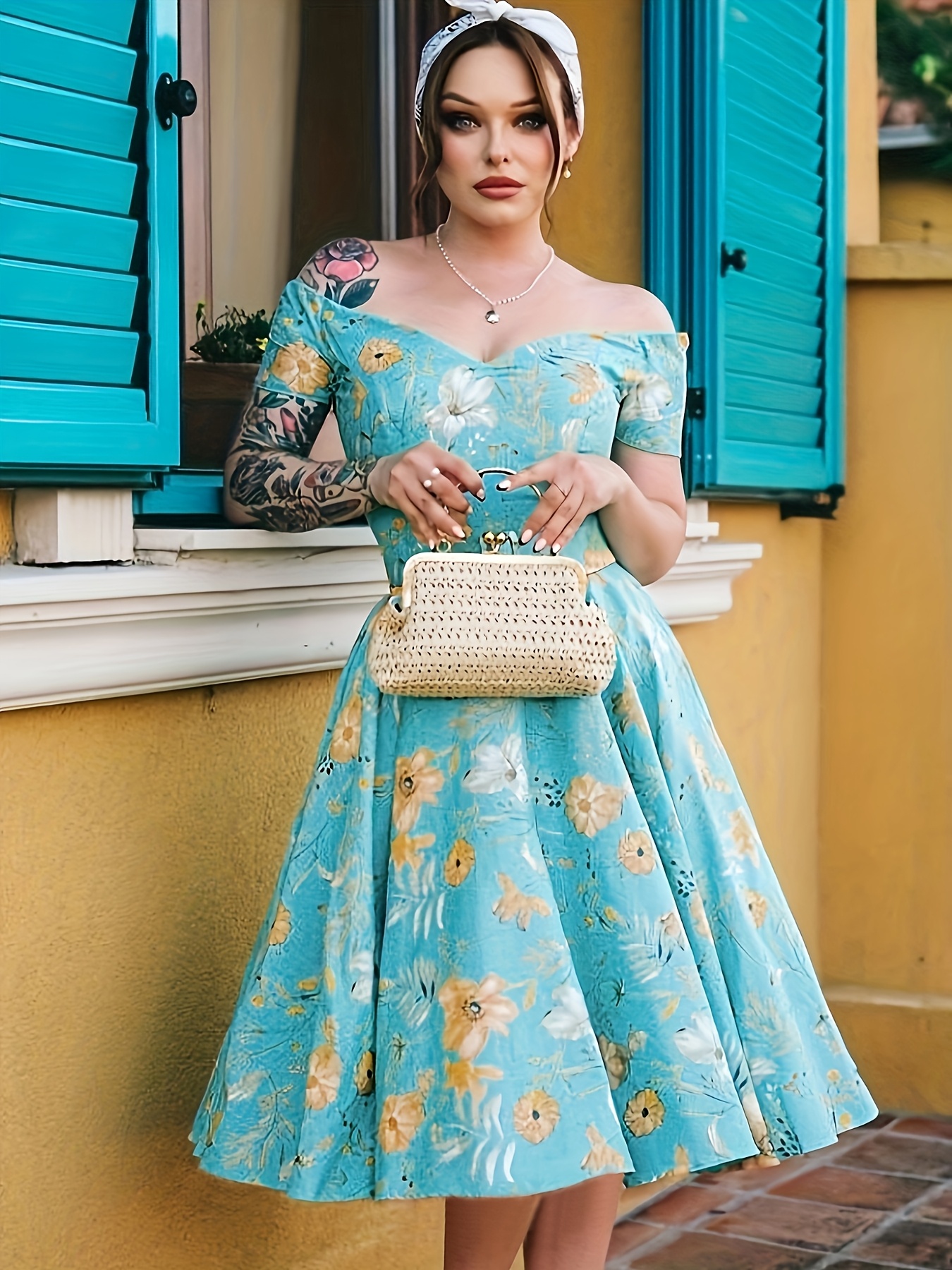 vintage floral fit and flare dress Vintage 50s 60s Blue Floral Fit & Flare Midi Dress main image 1