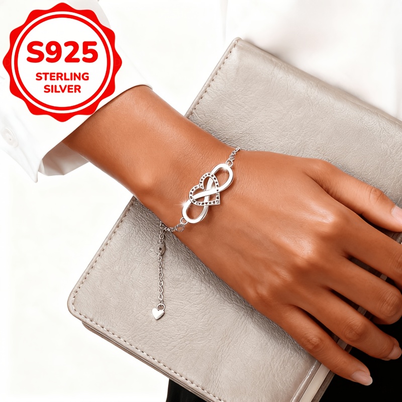 Women's S925 Sterling Silver Double Heart Large Number 8 Bracelet