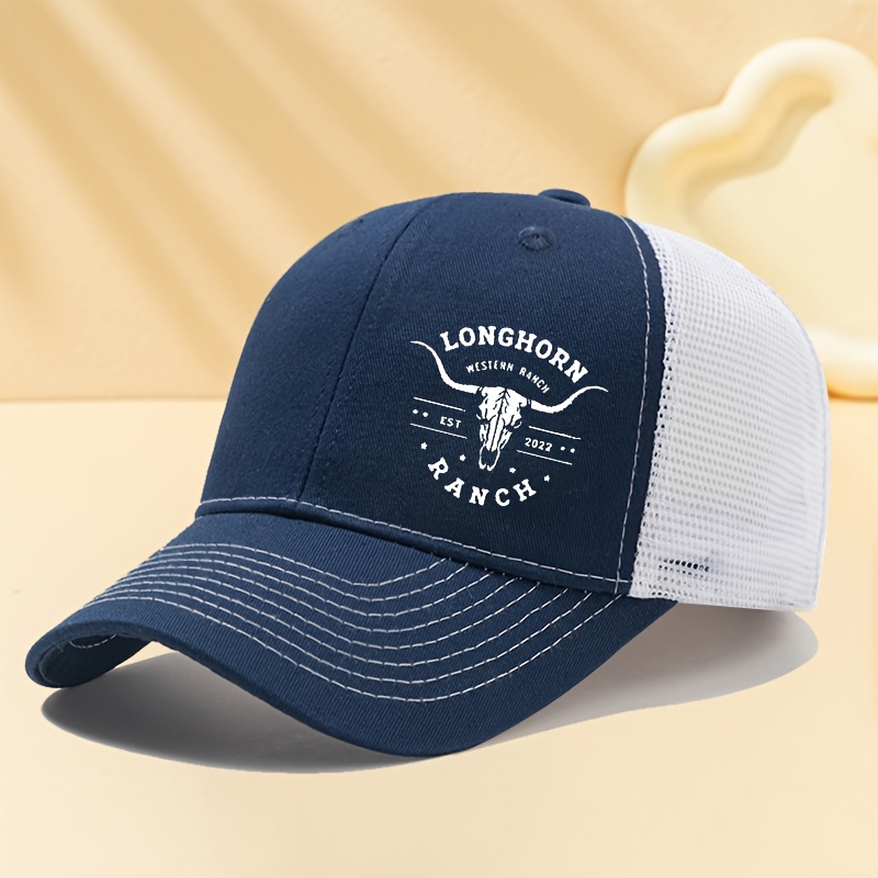 TEMU Men's & Women's Longhorn Trucker - Mesh Baseball Hat With Curved Brim, Suitable For Outdoor Fishing, Camping, Driving, Casual Wear - Breathable