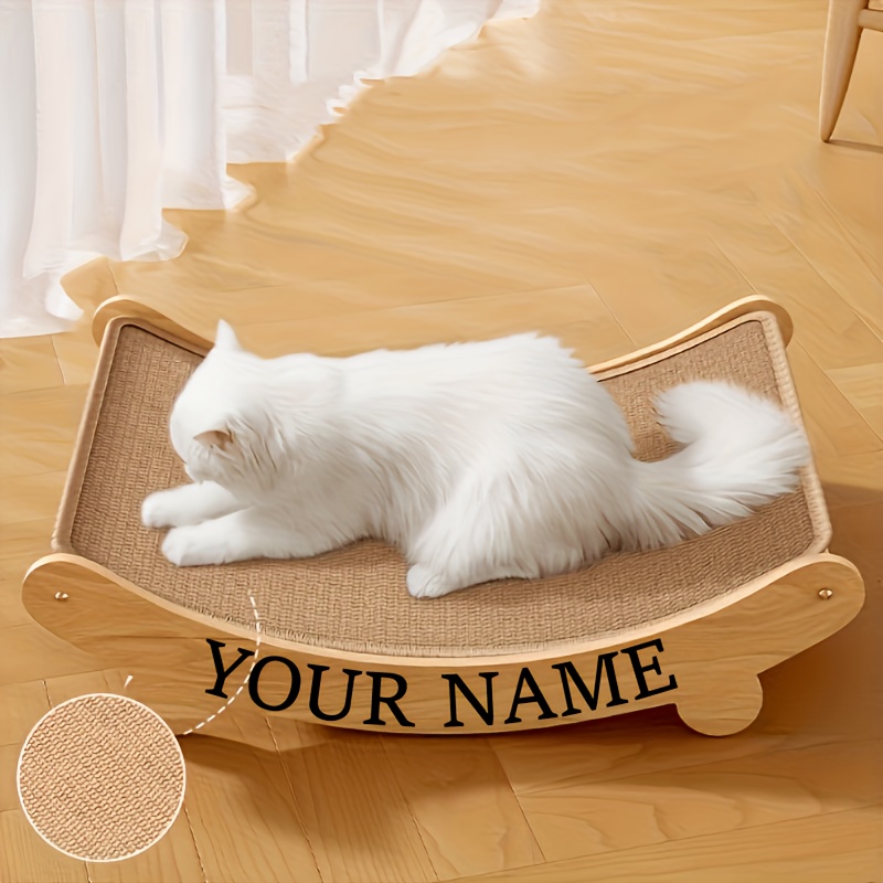 personalized arc shaped cat scratching post sturdy wooden cat bed with custom name engraving replaceable cushion space saving design durable indoor cat furniture for scratching resting 0