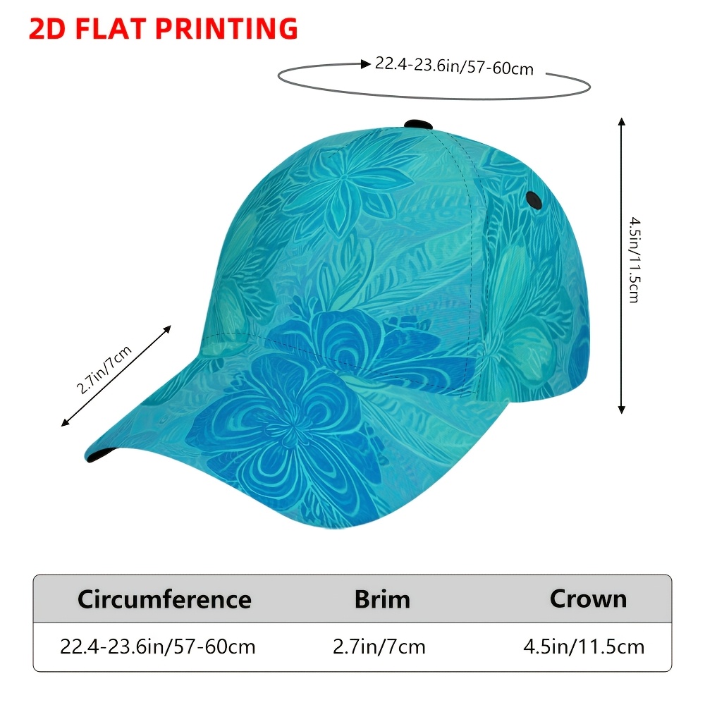 TEMU 1pc 2d Flat Printing Blue Floral Baseball Cap, Curved Brim Baseball Cap, Sports Running Cap, Sun Hat, Adjustable Baseball Cap, Unisex Design,