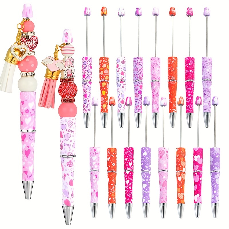 

16pcs Love Heart Print Beaded Pens Plastic Diy Ballpoint Pens Back-to-school Office Supplies Valentine's Day Gift Pen Craft Supplies Mixed