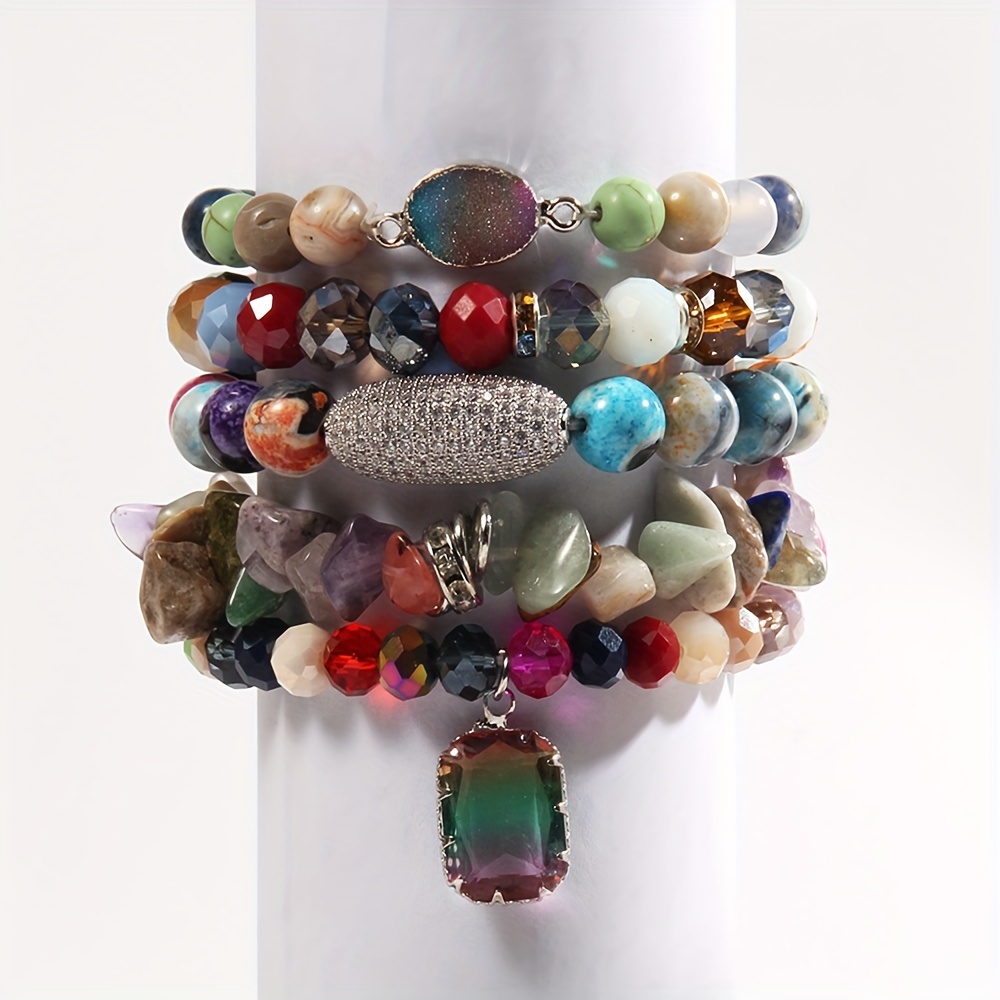 

5pcs Colorful Natural Stone Beaded Bracelet Set, Stackable Multi-layer Handmade Stretch Bracelets, Featuring Zirconia Crystal And Turquoise Charm, Fashion Boho Bracelet Jewelry For Women