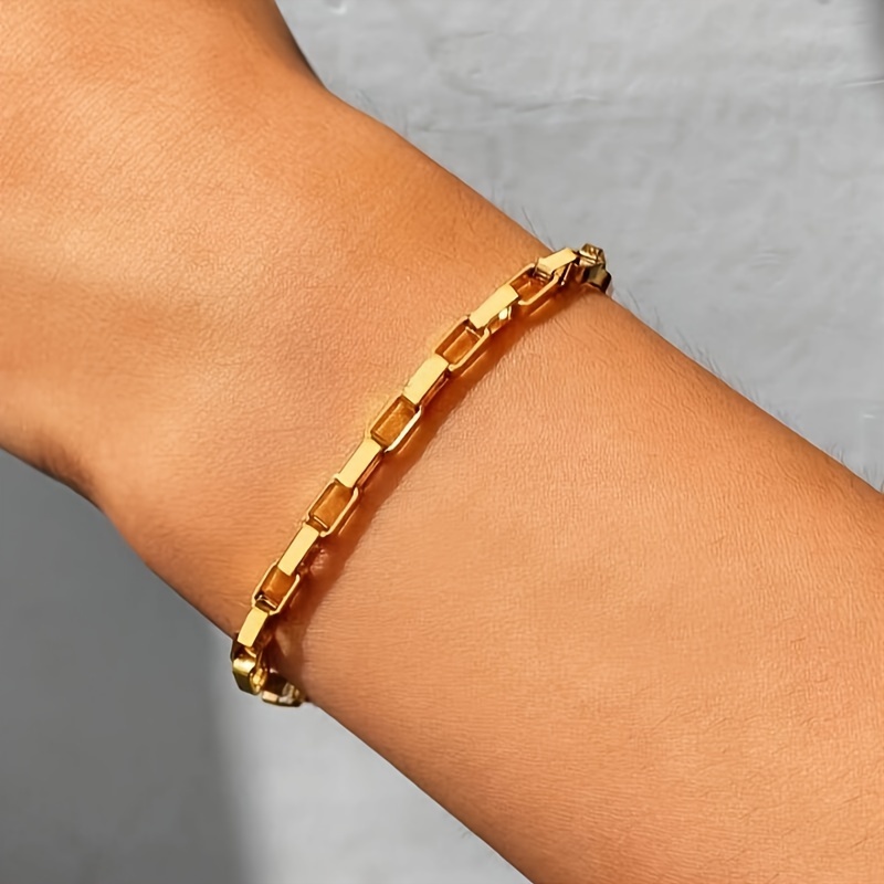 

Elegant & Chic Golden Tone Stainless Steel 3mm Rectangular Link Bracelet For Women, Fashionable Sexy Style Chain Bracelet