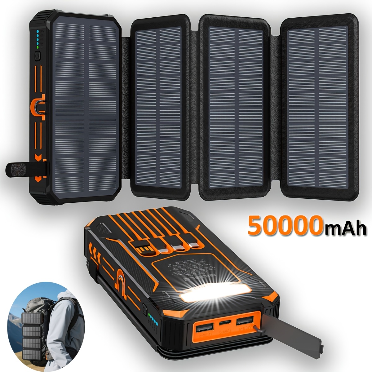 TEMU 50000mah Foldable 4-panel Solar Power Bank Pack Solar Charger 2 Usb Led Battery Fast Charger For Phone Tablets Outdoor Camping