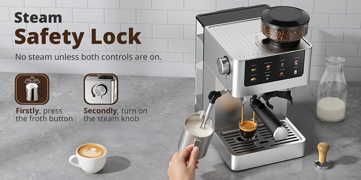 Alles-in-één Espressomachine: 20-bar Italiaanse Koffiezetter met Instelbare Molen, Dubbele Ketel, Stoomspuit en LCD Touchscreen. Ideaal voor Latte, Cappuccino, IJskoffie, Americano en Espresso