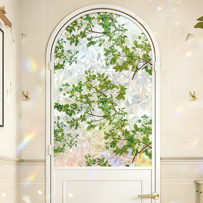 TEMU 1 Roll Green Nature Branch And Leaves Decorative Window Film Frosted Stained Glass Effect Privacy Film Static Cling Removable Protection For