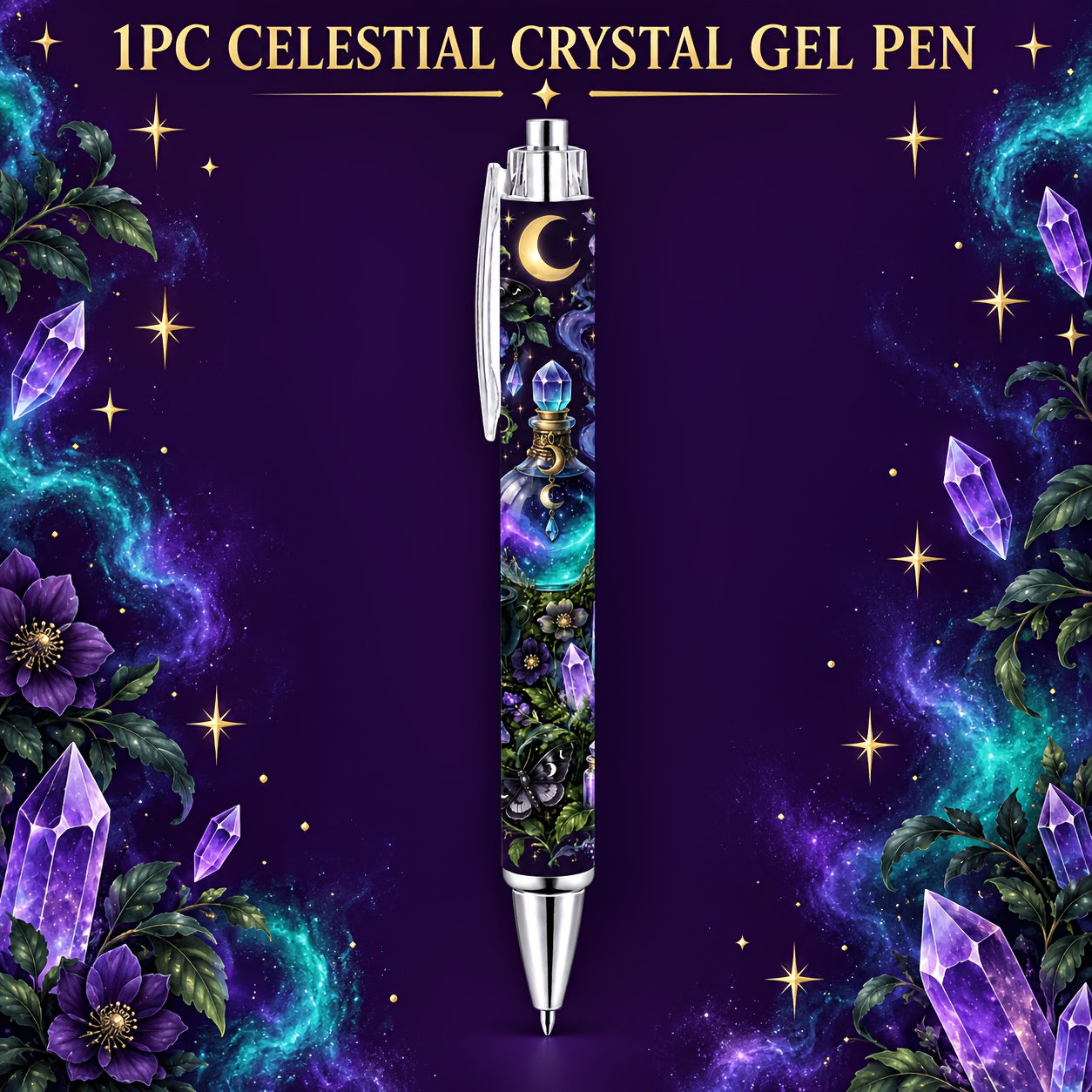 TEMU 1pc Celestial Pen, Black Ink Retractable Pen With Clear Acrylic Clip For Journaling, Office & Mystical Gifts