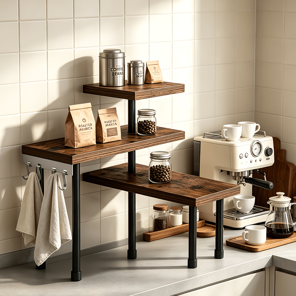 TEMU Corner Multi-tier Storage Rack With 4 Hooks, Multi-functional Corner Shelves For Kitchen, Bathroom, Spice Rack, Coffee Area, Above The Sink,
