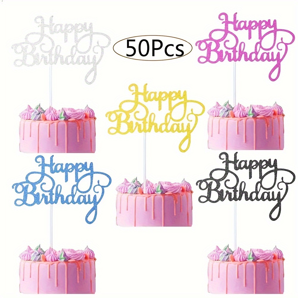Image of 50pcs Glitter Happy Birthday Cake Toppers In 5 Vibrant Colors - Festive Decorations For Birthday Parties, , No , Birthday Party Decorations，halloween，christmas