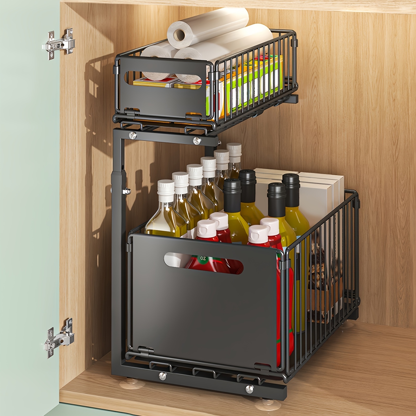 two level under sink storage rack with pull out design ideal for maximizing space in kitchen and bathroom cabinets versatile slide out basket shelves contemporary sliding drawers for pantry countertops and  