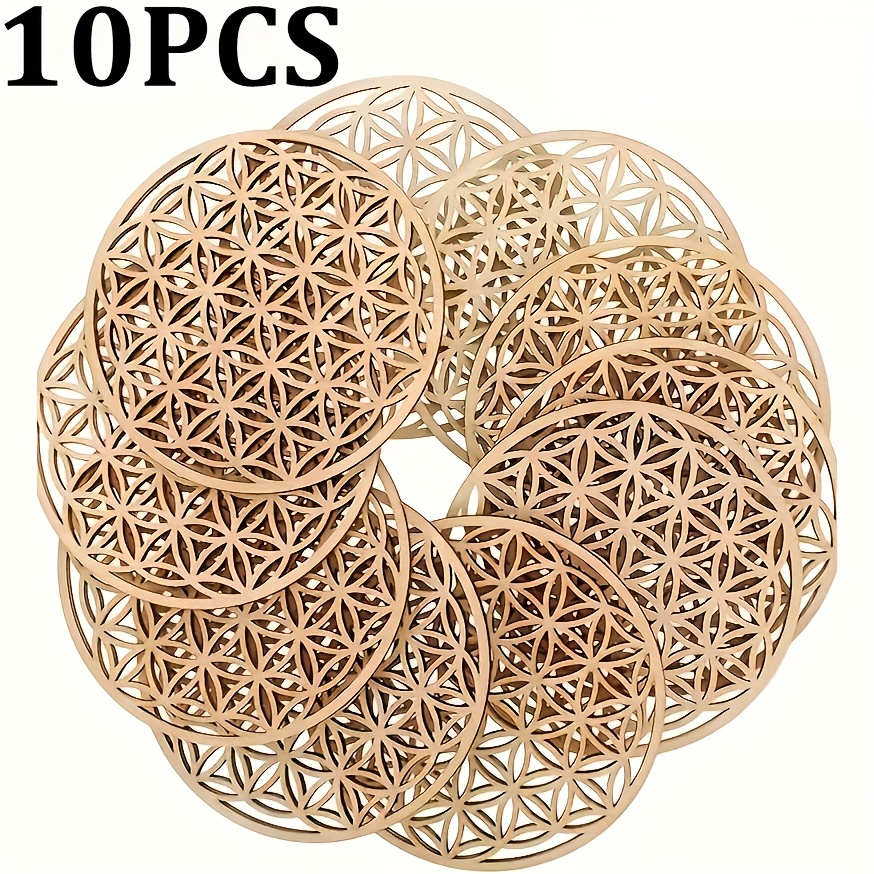 E-shop 10-teiliges Set aus Lebensblumen-Mandala-Hohlgravur-Holzdekorationen. Geeignet für Wände, Esstische, Meditationsräume festliche