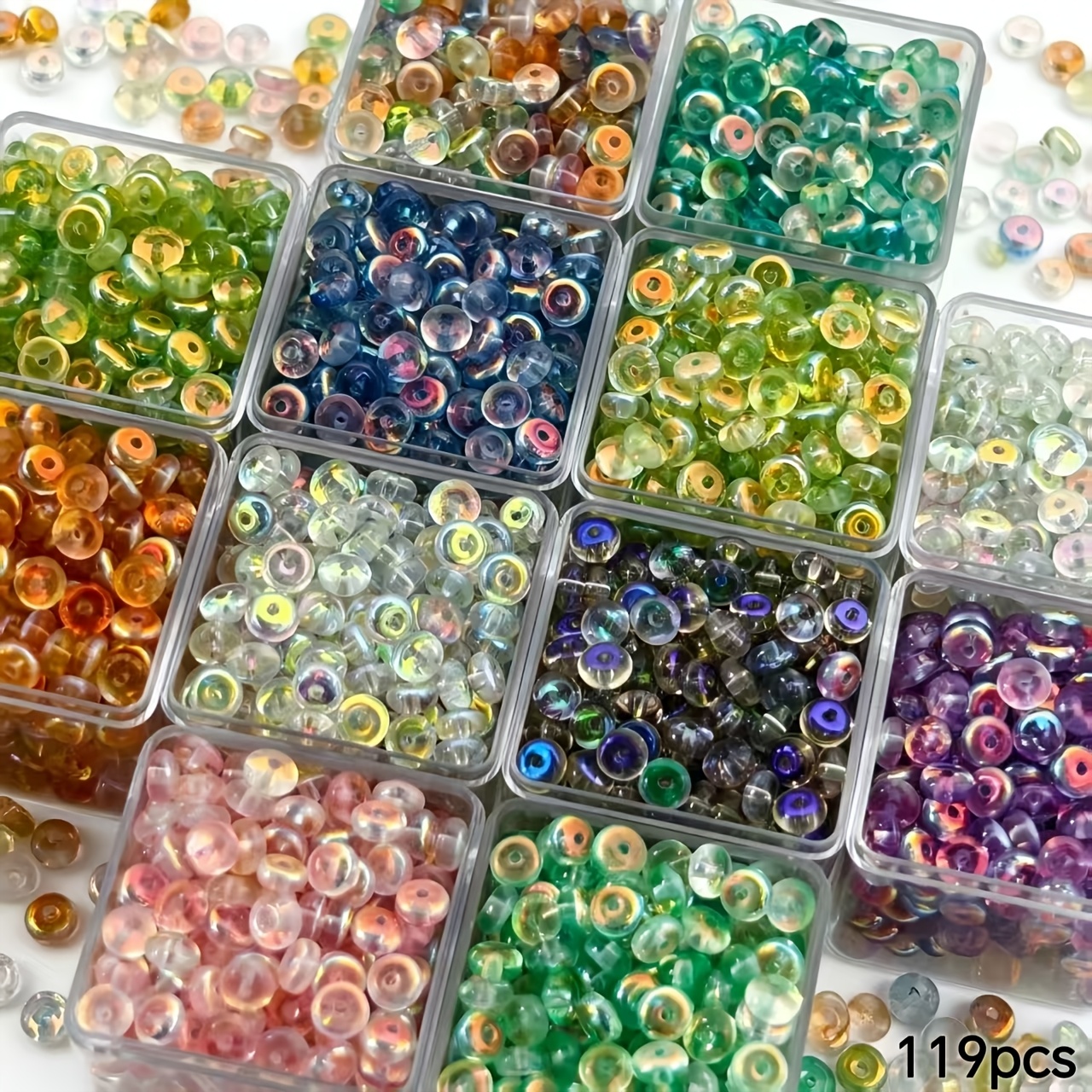 TEMU 119pcs 6mm Transparent Glass Abacus Beads Wheel Flat Spacer Loose Beads Handmade Beading Bracelet Necklace Earrings Hair Tie Key Chain, Mobile